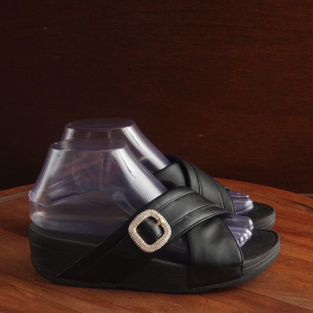FitFlop Sandal WMS SZ 6 BLK Lulu Crystal Buckle Leather Cross Slide Coastal Shoe